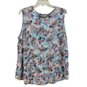 J. Jill Love Linen Blue Floral Palm Leaf Tank Top Size 1X Lightweight Tropical